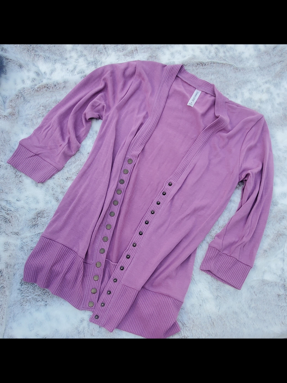 Zenana Outfitters Dusty Lavender 3/4 Sleeve Open-Front Cardigan with Button Trim